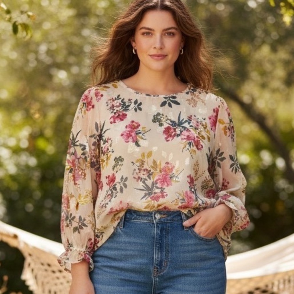 Loft Plus‎ Floral Metallic Gold Filigree Ruffle Cuff Blouse Romantic Garden 20W